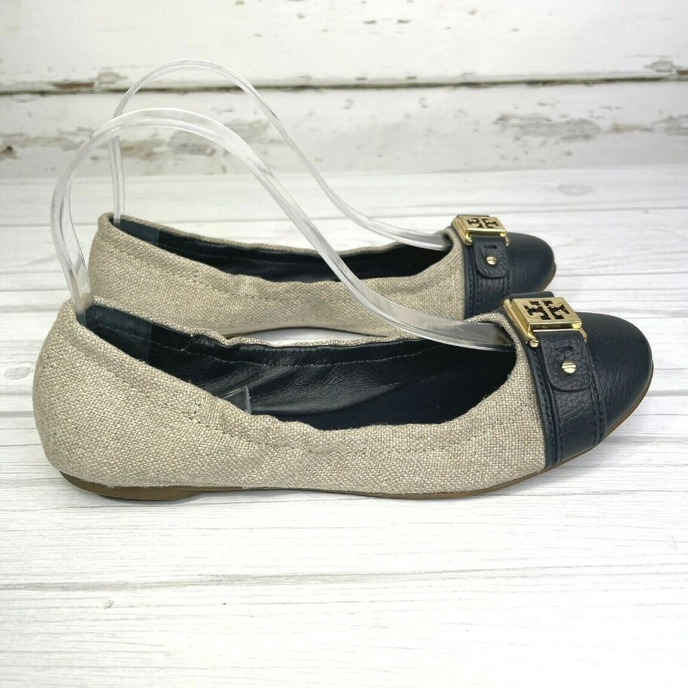 Tory Burch Ambrose Ballet Flat Tan Canvas And Navy